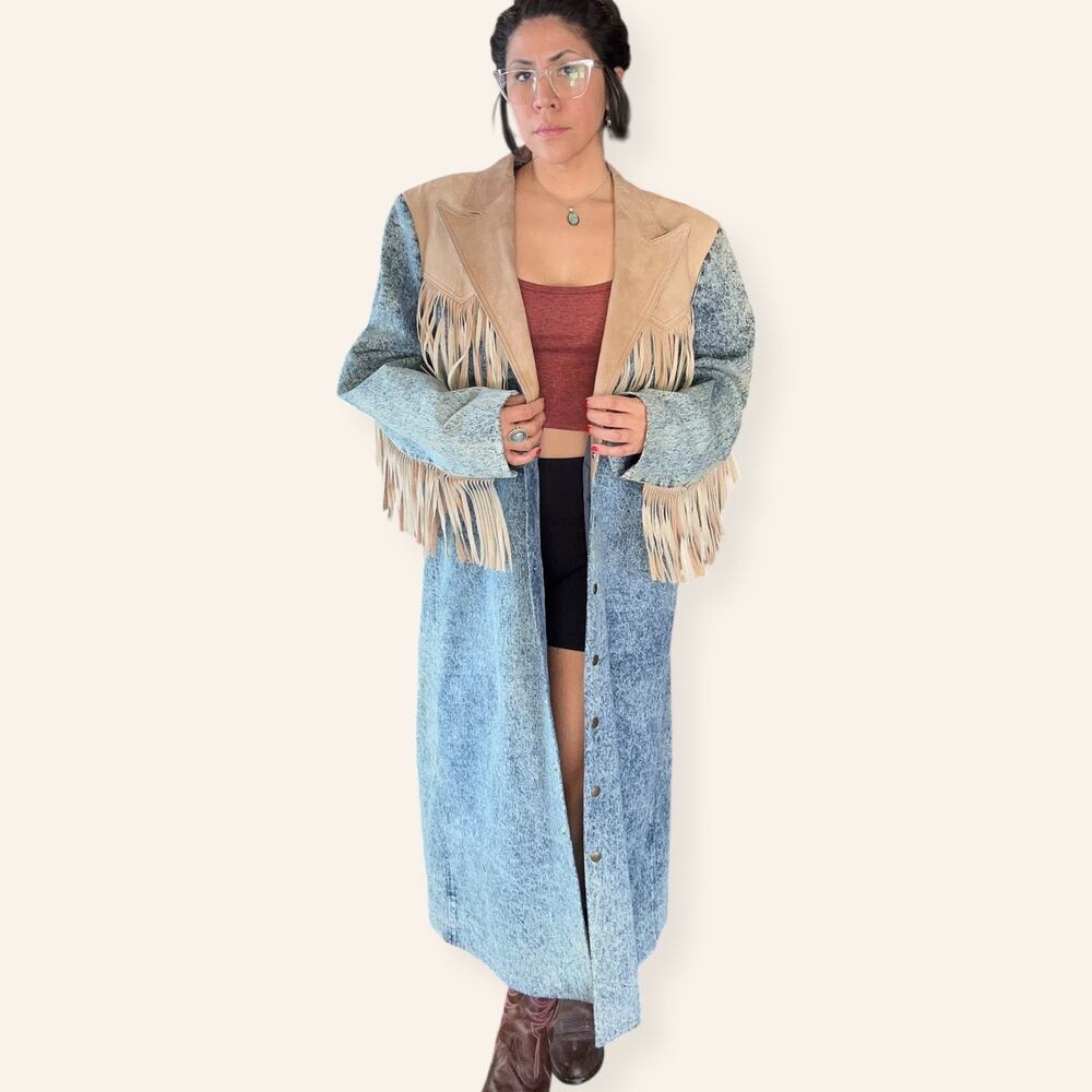 VTG Western Heavy Weight Acid Washed Denim Trench w/ Leather Fringe USA Made XL - Picture 6 of 16